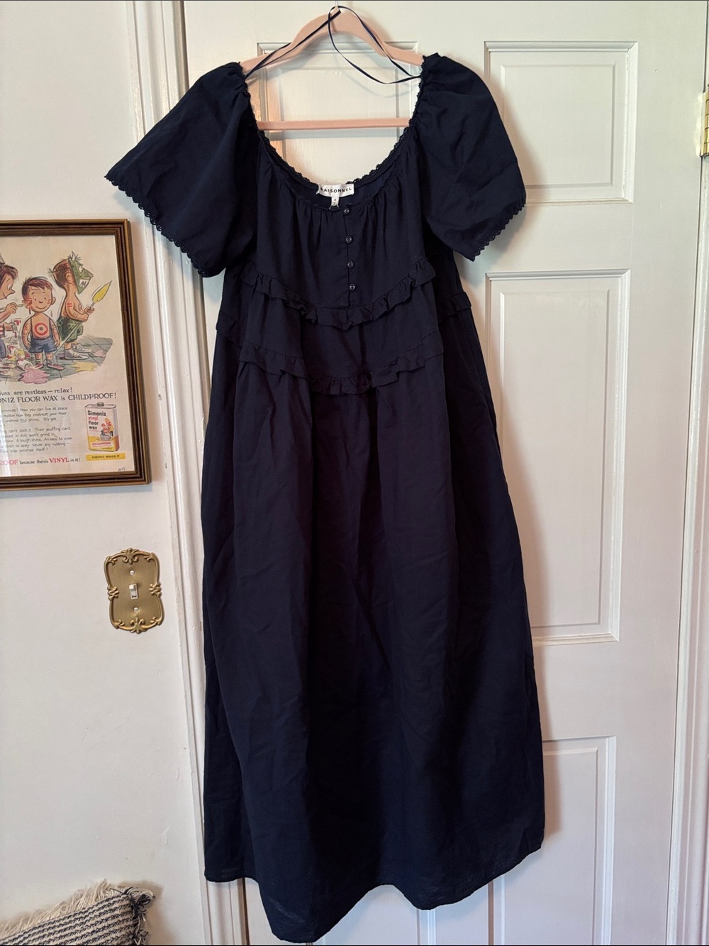 Navy Puff-Sleeve Ruffle Dress